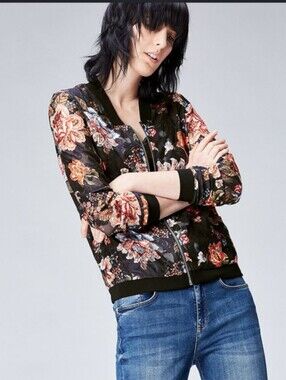 Écru Studios Black Floral Metallic Zip Up Bomber Jacket S Small